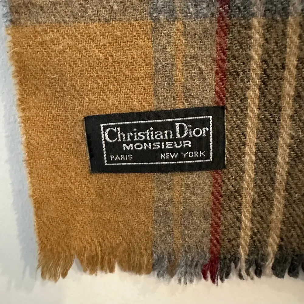 Vintage 1970s Christian Dior Plaid Scarf Brown Grey Burgundy Tartan